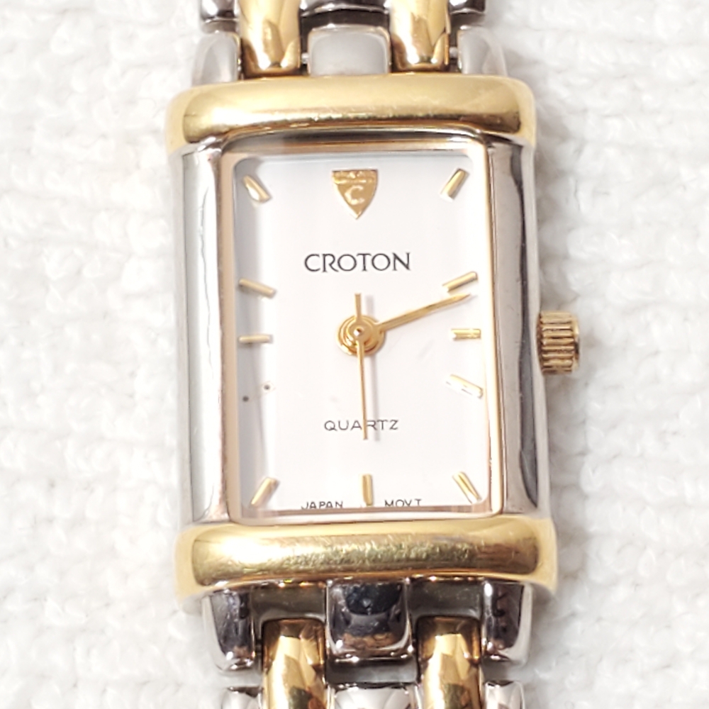 Vintage Croton Tank Women's Stainless Steel 23K Gold Plated Watch White Dial
